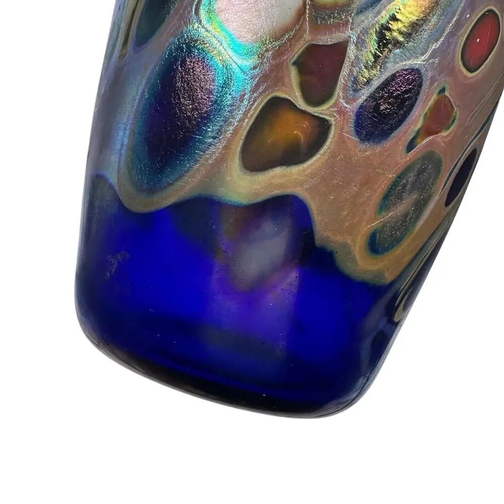 Rick Hunter Art Glass Vase Carnival Glass Cobalt Blue Gold Spots Swirls Colorful